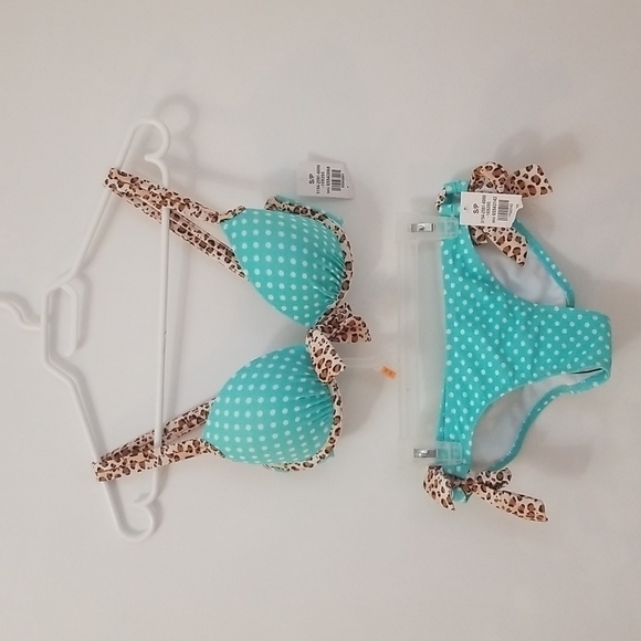 Blue White Polka  Dot Leopard Print Bikini Set Small - Picture 2 of 6